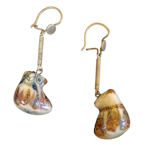 Owl Ceramic Earrings Artisan Handmade Pierced Silver Dangle - Picture 2 of 5